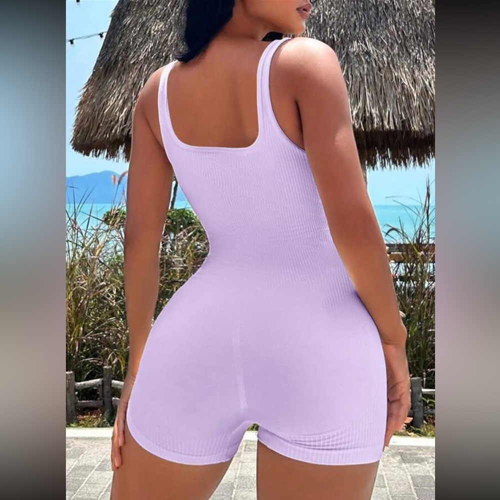 Yoga Basic Solid Ribbed Knit Sports Romper